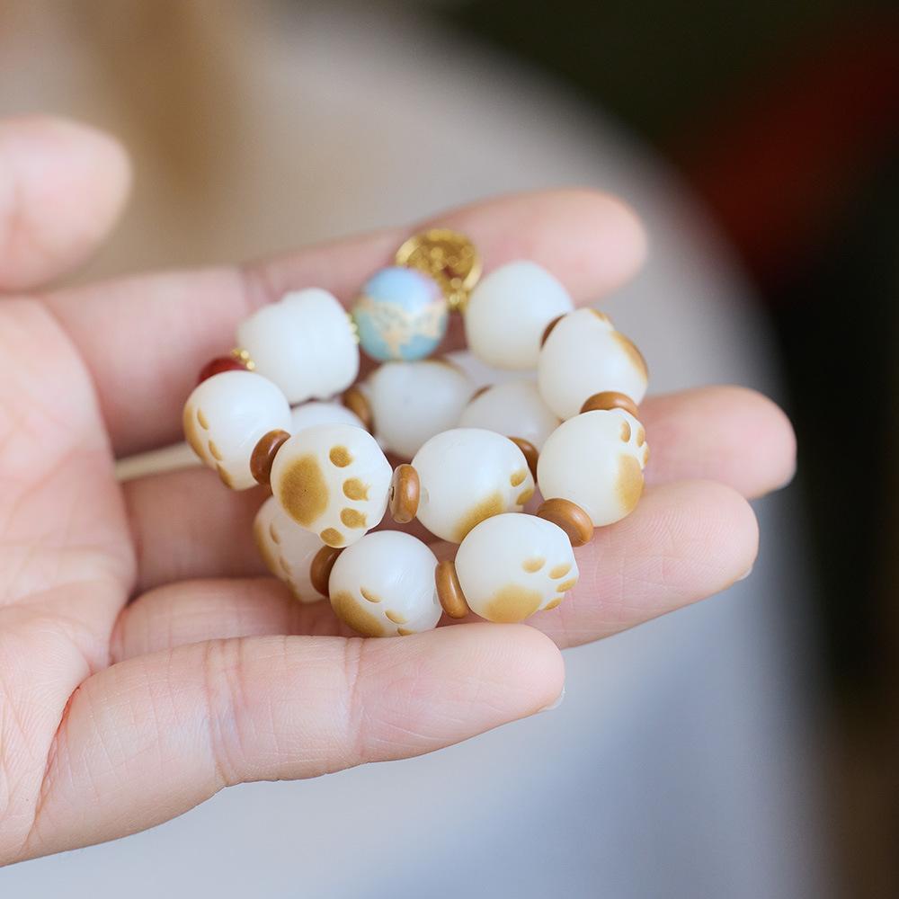 Natural Charcoal Burnt Cat Paw Bodhi Root Bracelet for Women Cat Milk Bean Pendant Bodhi Root Small Cat Buddha Bead Bracelet