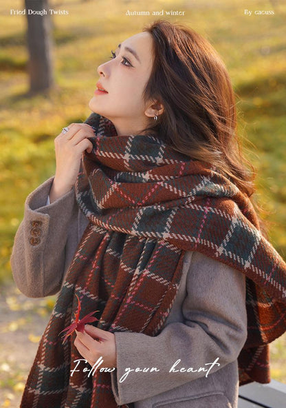 Autumn Winter Warm Scarf for Women British Christmas Plaid Red Scarf Retro Versatile Couple Shawl Neck Warmer