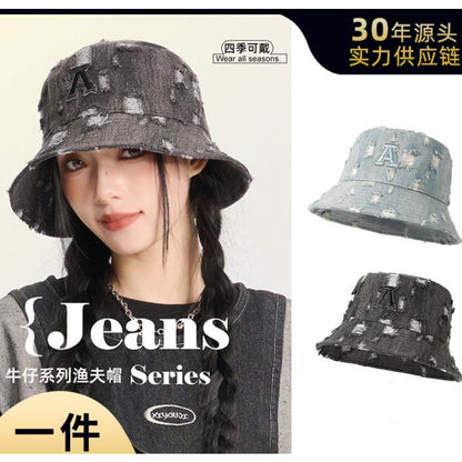 Spring Summer Denim Fisherman Hat for Women, Unique Trendy Distressed Sun Hat for Men, Korean Fashion Face-Slimming Bucket Hat