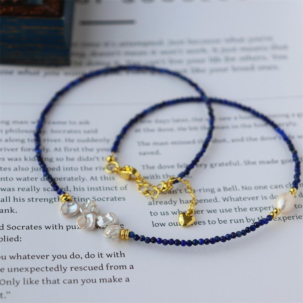 Design Simple Natural Lapis Lazuli Malachite Freshwater Petal Pearl Necklace Ultra-fine Layered Collarbone Chain Necklace