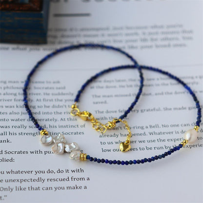 Design Simple Natural Lapis Lazuli Malachite Freshwater Petal Pearl Necklace Ultra-fine Layered Collarbone Chain Necklace