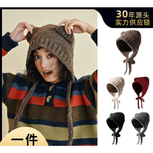 Autumn and Winter Cute Bear Parent-Child Knitted Hat Warm Ear Protection Wool Hat Korean Version Fluffy Cold-Proof Outdoor Hat