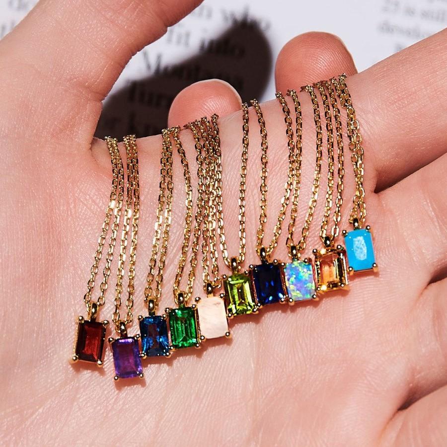 Titanium Steel Necklace Rectangular December Birthstone Pendant Colorful Zircon Clavicle Chain for Women Color Retention 18K Gold Plated Color Retention