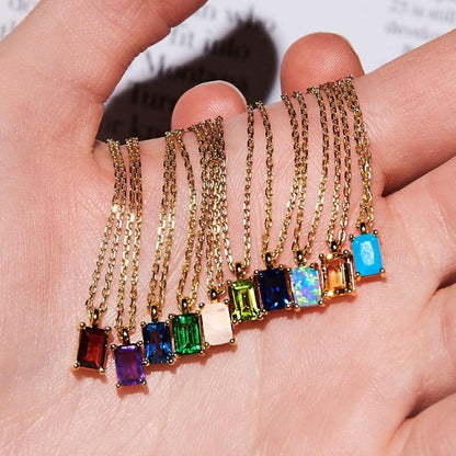 Titanium Steel Necklace Rectangular December Birthstone Pendant Colorful Zircon Clavicle Chain for Women Color Retention 18K Gold Plated Color Retention