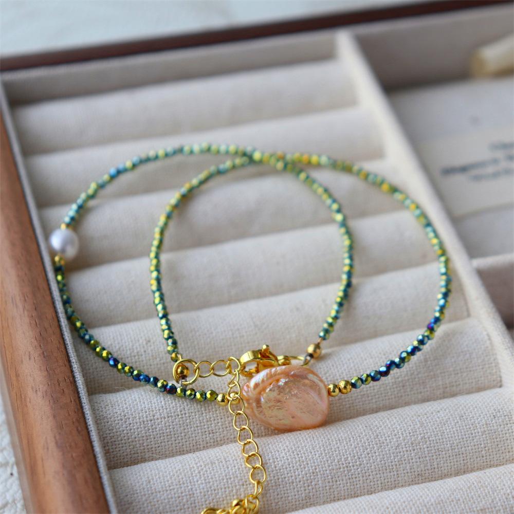 Design Simple Natural Lapis Lazuli Malachite Freshwater Petal Pearl Necklace Ultra-fine Layered Collarbone Chain Necklace