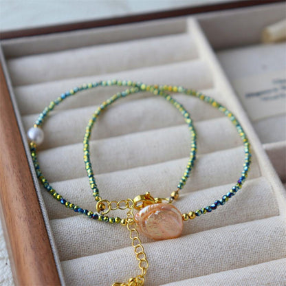 Design Simple Natural Lapis Lazuli Malachite Freshwater Petal Pearl Necklace Ultra-fine Layered Collarbone Chain Necklace
