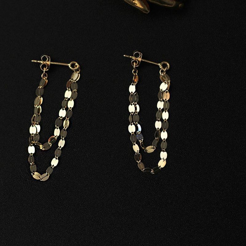 Elegant S925 Silver Gold-Plated Blade Chain Kiss Chain Long and Short Tassel Front and Back Double-Layer Earrings