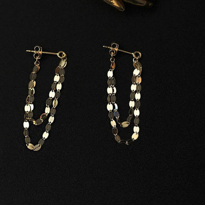 Elegant S925 Silver Gold-Plated Blade Chain Kiss Chain Long and Short Tassel Front and Back Double-Layer Earrings