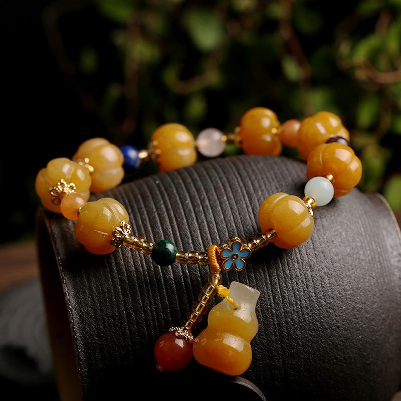 Gold Silk Jade Bracelet Wholesale Drum Beads Pumpkin Beads Gourd Ethnic Style Bracelet Yellow Jade Pixiu Bracelet for Women