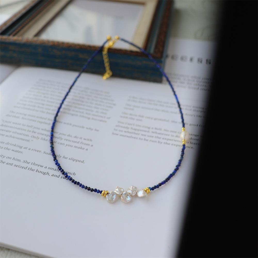 Design Simple Natural Lapis Lazuli Malachite Freshwater Petal Pearl Necklace Ultra-fine Layered Collarbone Chain Necklace