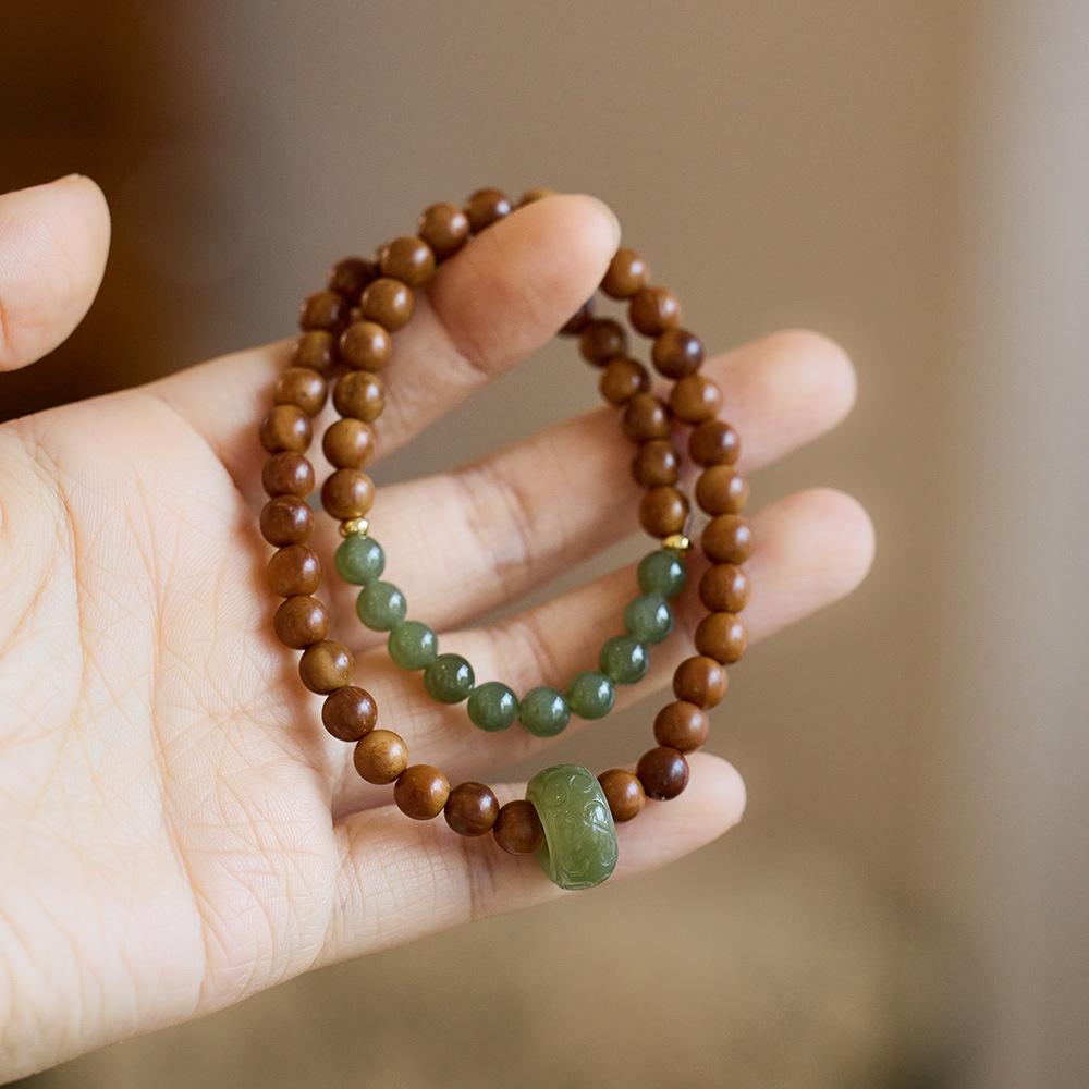 Qingshan Dai Lingyin Milk Fragrance Sandalwood Hetian Running Ring Double Circle Bracelet Ethnic Style Simple Jade Bracelet Couple Style