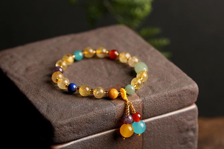 Original Design Multi-Gemstone Jewelry Brazilian Natural Golden Rutilated Quartz Bracelet for Women Vintage Agate Pink Quartz Bracelet