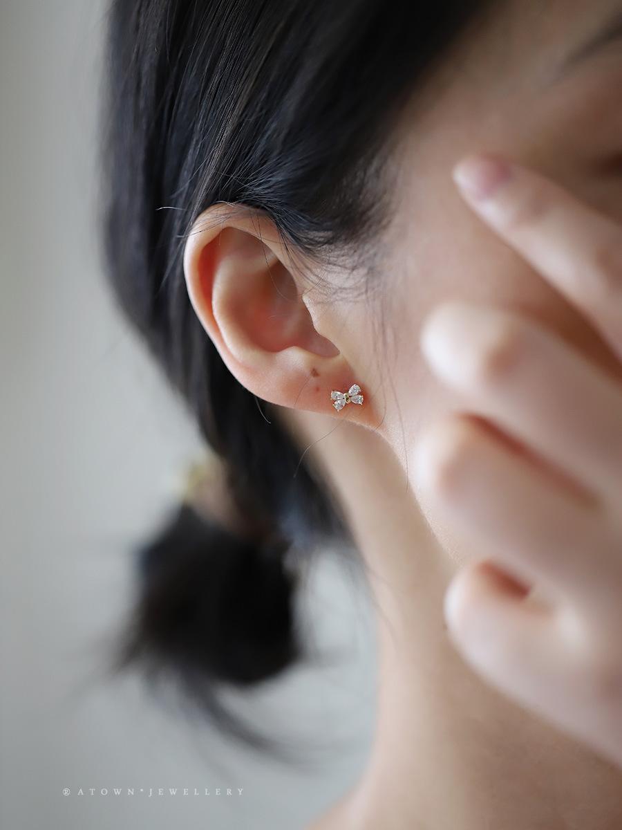 S925 Silver Plated 14K Gold Earrings Four Diamonds Bowknot Sweet Korean Design Mini Earrings Girlfriend Gift
