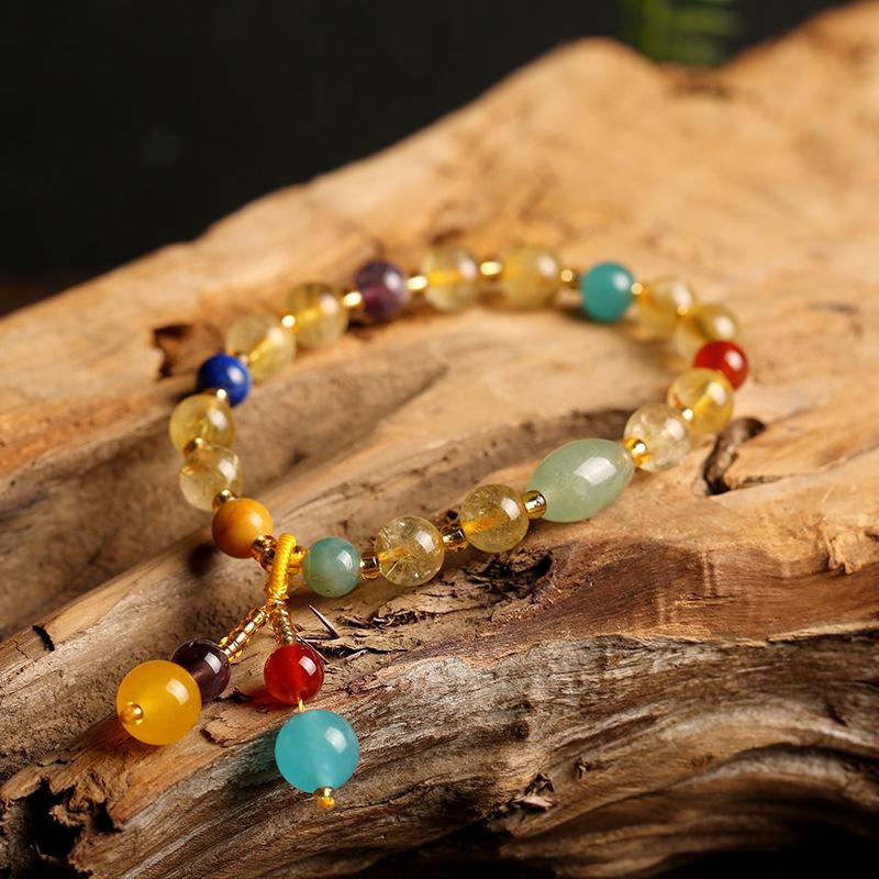 Original Design Multi-Gemstone Jewelry Brazilian Natural Golden Rutilated Quartz Bracelet for Women Vintage Agate Pink Quartz Bracelet