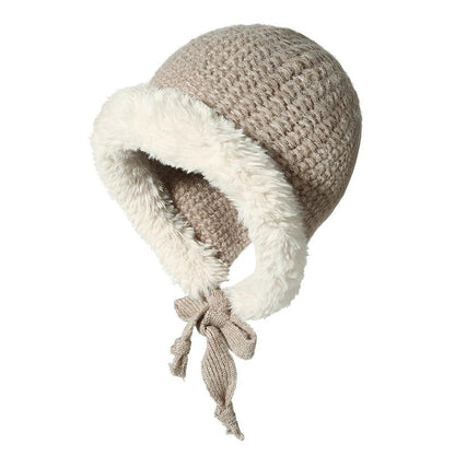 Autumn Winter Fluffy Ear Protection Knitted Hat for Women Large Head Circumference Cold-Proof Warm Wool Hat Color-Block Tie Head Wrap Hat