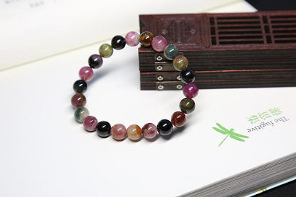 Natural Tourmaline Bracelet for Women Tourmaline Round Beads Rainbow Color Single Circle Bracelet Crystal Jewelry Round Beads Best Friend Gift