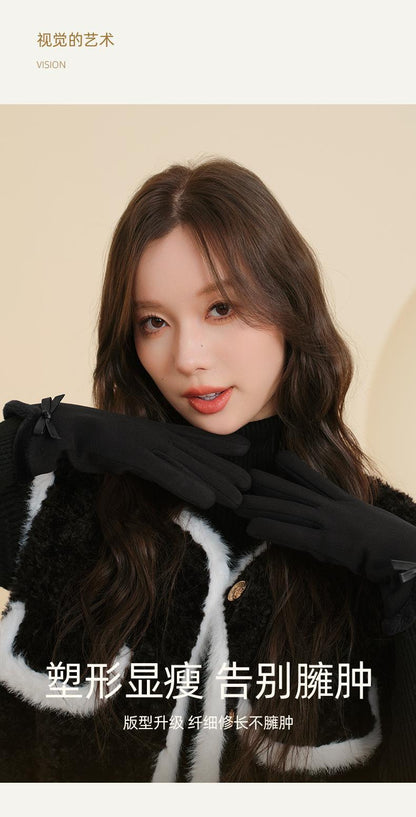 Autumn Winter Thermal Gloves for Women Outdoor Cold-Proof Fleece-Lined Warm Gloves Cute Bow Driving Gloves Touchscreen Compatible