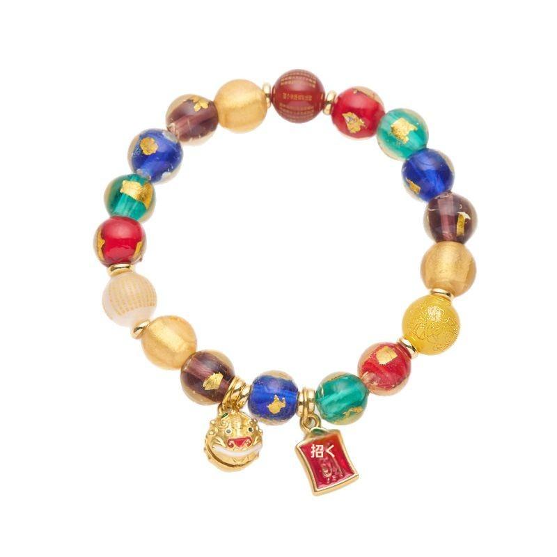 Five-Color Gold Foil Heart Sutra Multi-Treasure Glazed Bell Lion Awakening Bracelet Flawless Bracelet