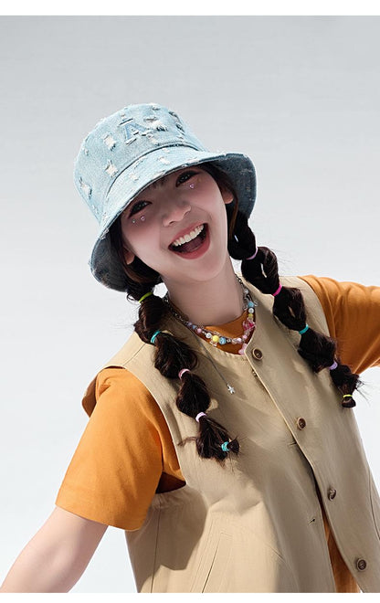 Spring Summer Denim Fisherman Hat for Women, Unique Trendy Distressed Sun Hat for Men, Korean Fashion Face-Slimming Bucket Hat