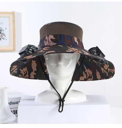 Men's Summer Wide Brim Dual Fan USB Rechargeable Fan Hat Adult Outdoor Sunshade Sun Protection Fishing Work Hat