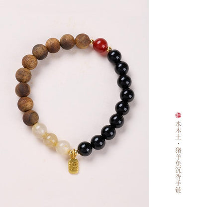 Three-in-One Twelve Zodiac Bracelet for Women Strawberry Crystal White Crystal Agarwood Multi-Gemstone Crystal Temple Bracelet